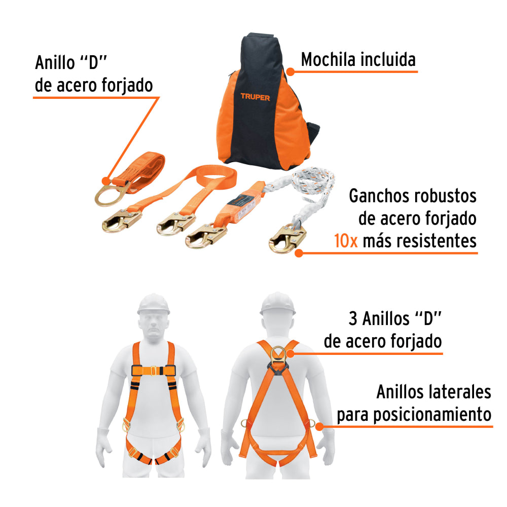 Kit contra caídas con arnés de tres anillos, ANSI, TRUPER