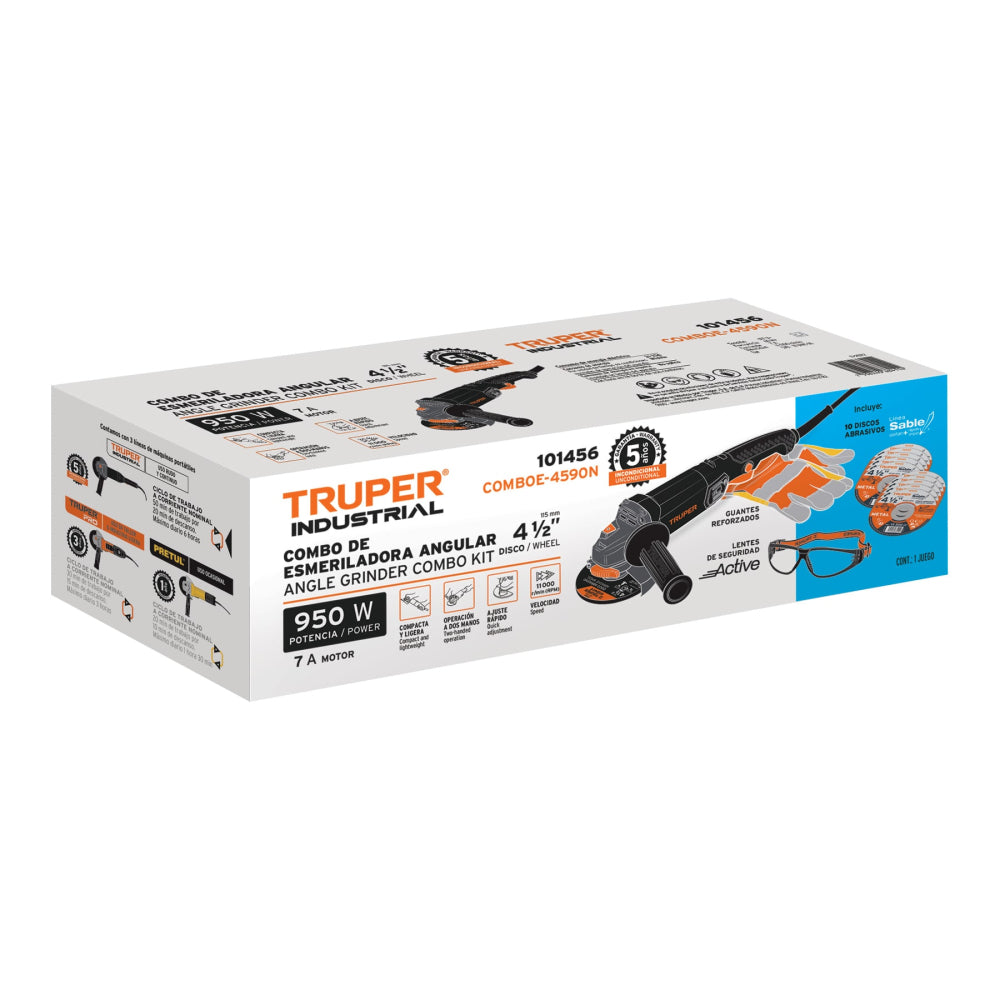 Combo esmeriladora 4-1/2",950W, discos, lentes y guantes,IND