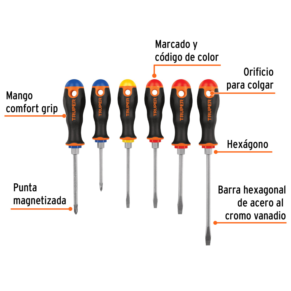 Juego de 6 desarmadores mango Comfort Grip, TRUPER