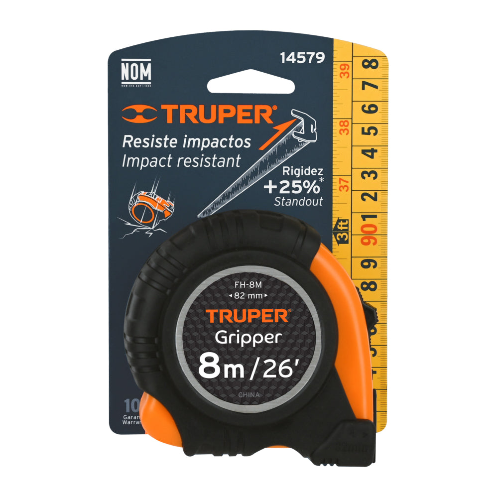 Flexómetro Gripper contra impactos 8 m cinta 25 mm, TRUPER