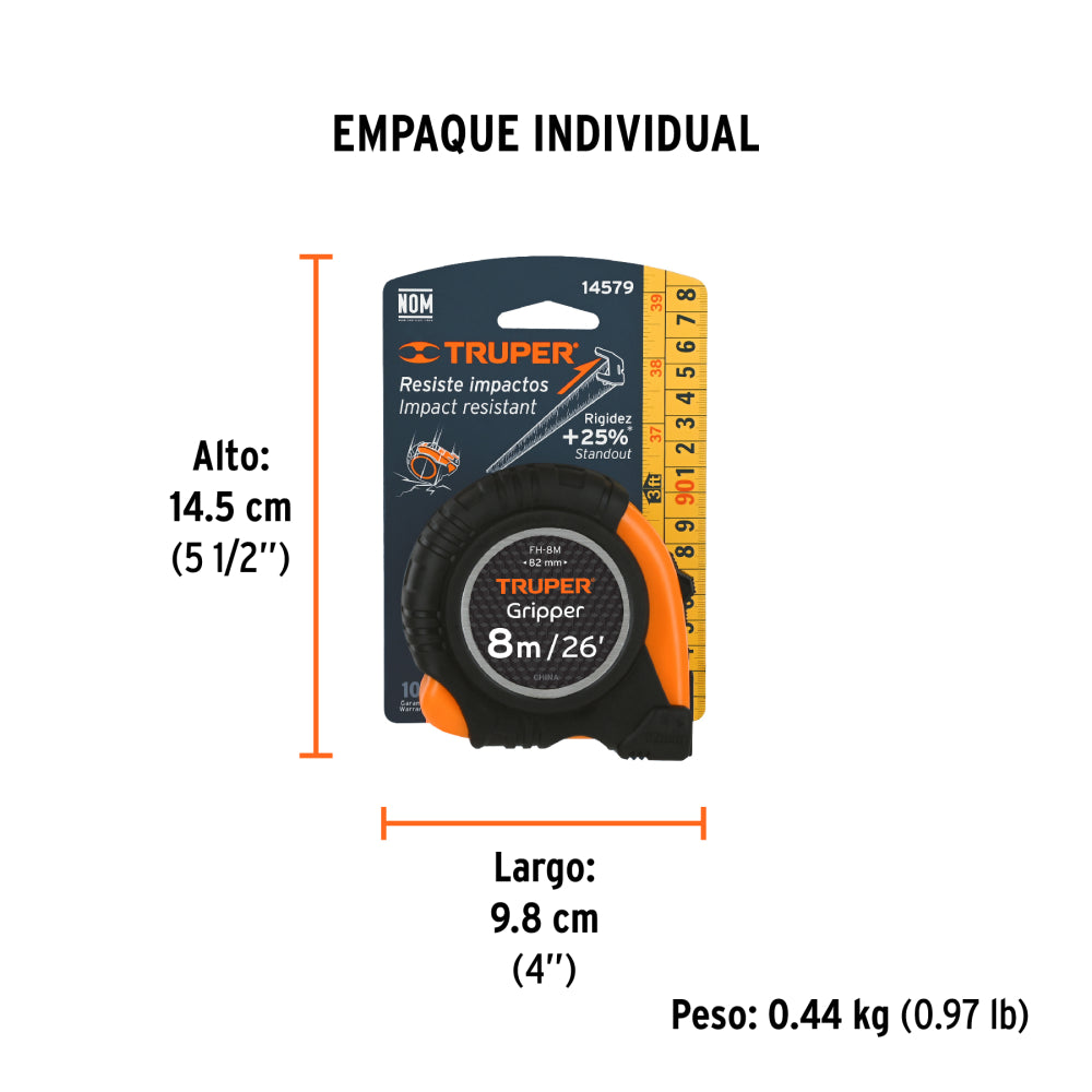 Flexómetro Gripper contra impactos 8 m cinta 25 mm, TRUPER