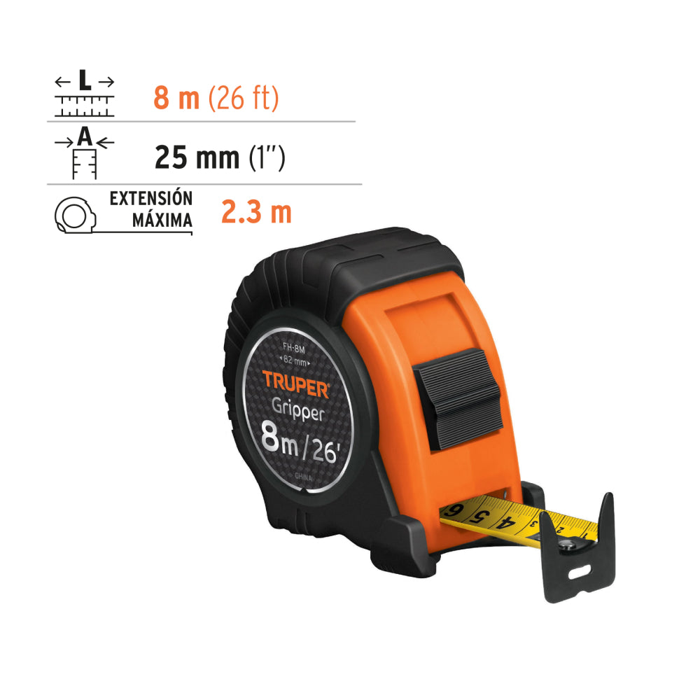 Flexómetro Gripper contra impactos 8 m cinta 25 mm, TRUPER