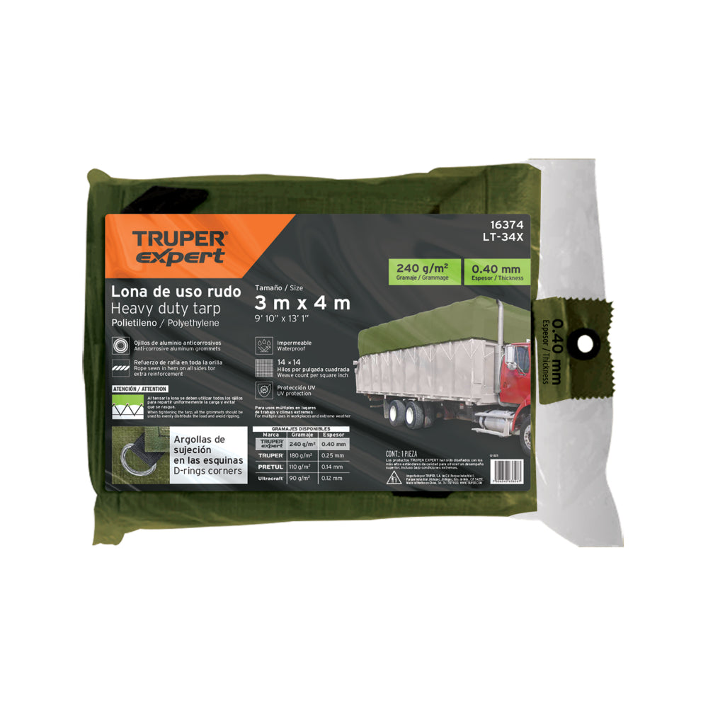 Lona uso rudo 3 x 4 m, verde olivo, 240 g/m2, TRUPER EXPERT