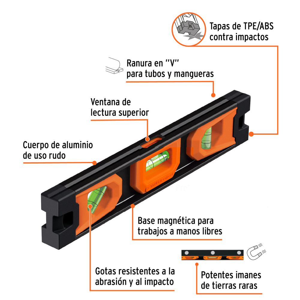 Nivel torpedo magnético de 10" con cuerpo de aluminio,EXPERT