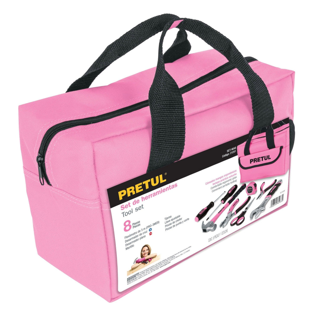 Juego de herramientas básicas, color rosa, 8 piezas, PRETUL