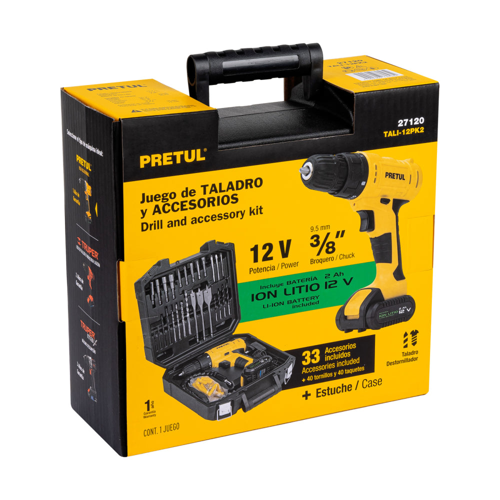 Kit taladro/destornillador 3/8", 12V, 33, PRETUL