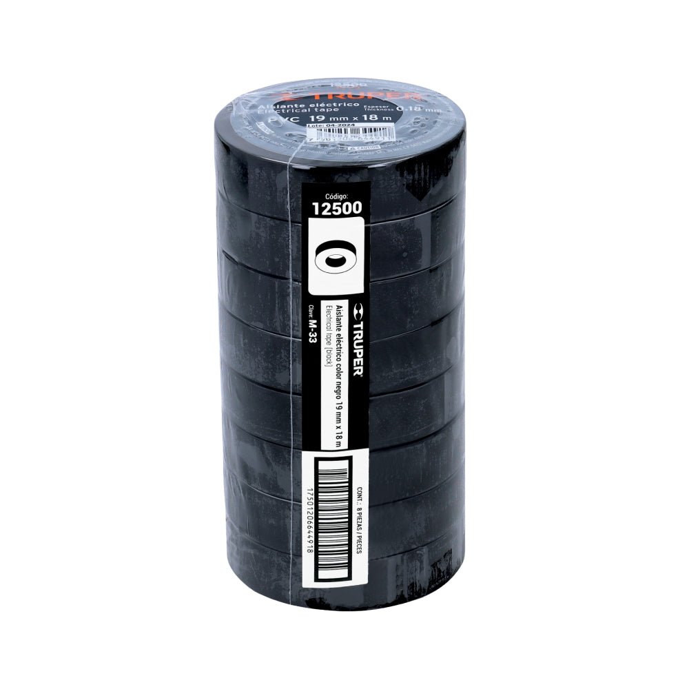 Cinta de aislar de 18 m x 19 mm, negra, TRUPER (8 piezas) - Grupo PRAME