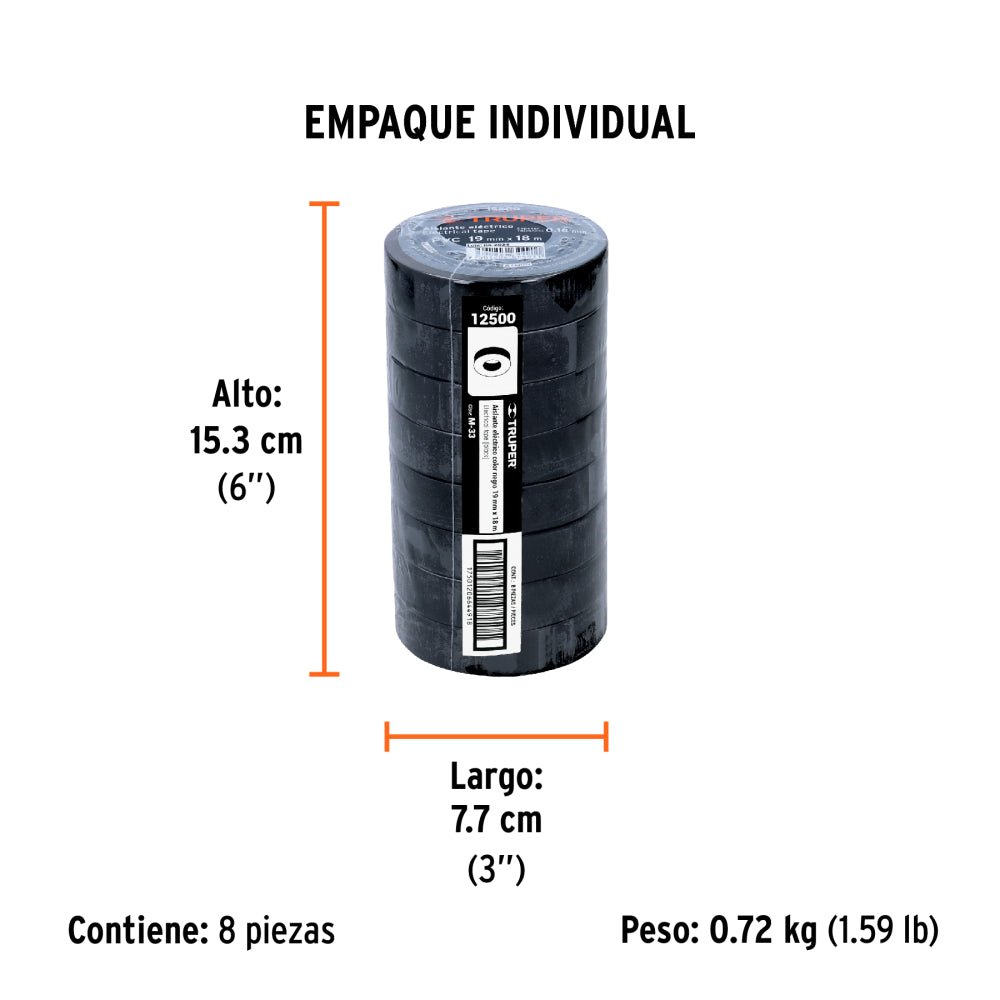 Cinta de aislar de 18 m x 19 mm, negra, TRUPER (8 piezas) - Grupo PRAME