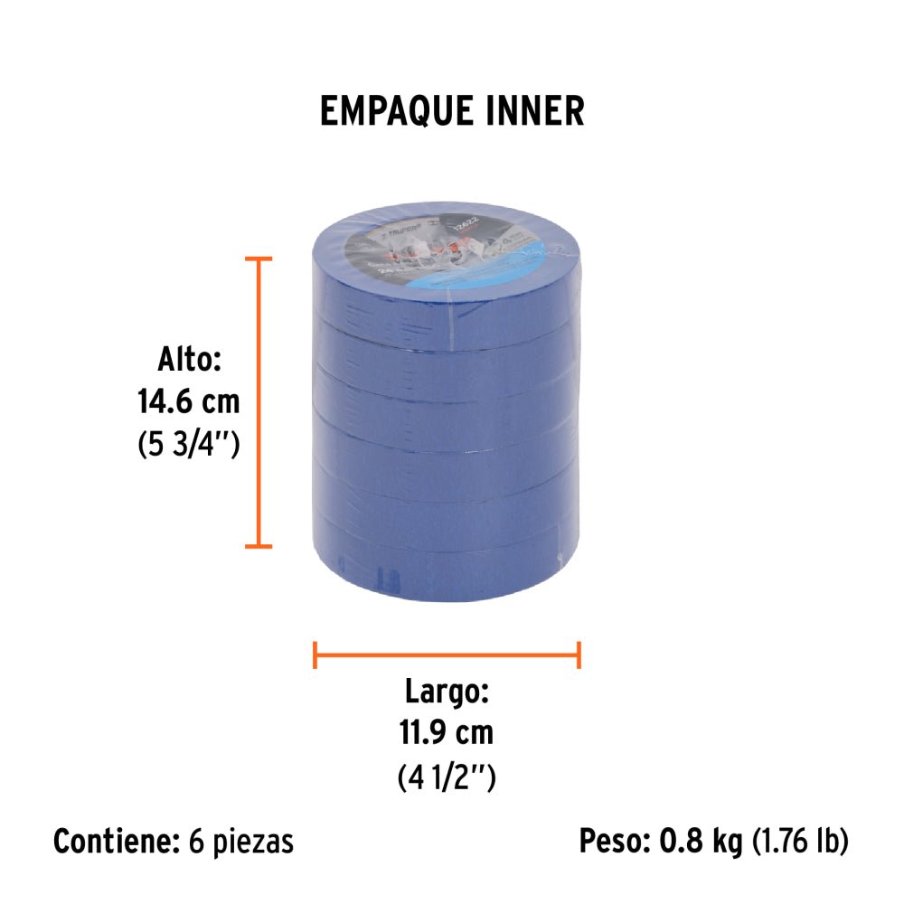 Cinta masking tape azul de 1" x 50 m para pintor, TRUPER (6 piezas) - Grupo PRAME