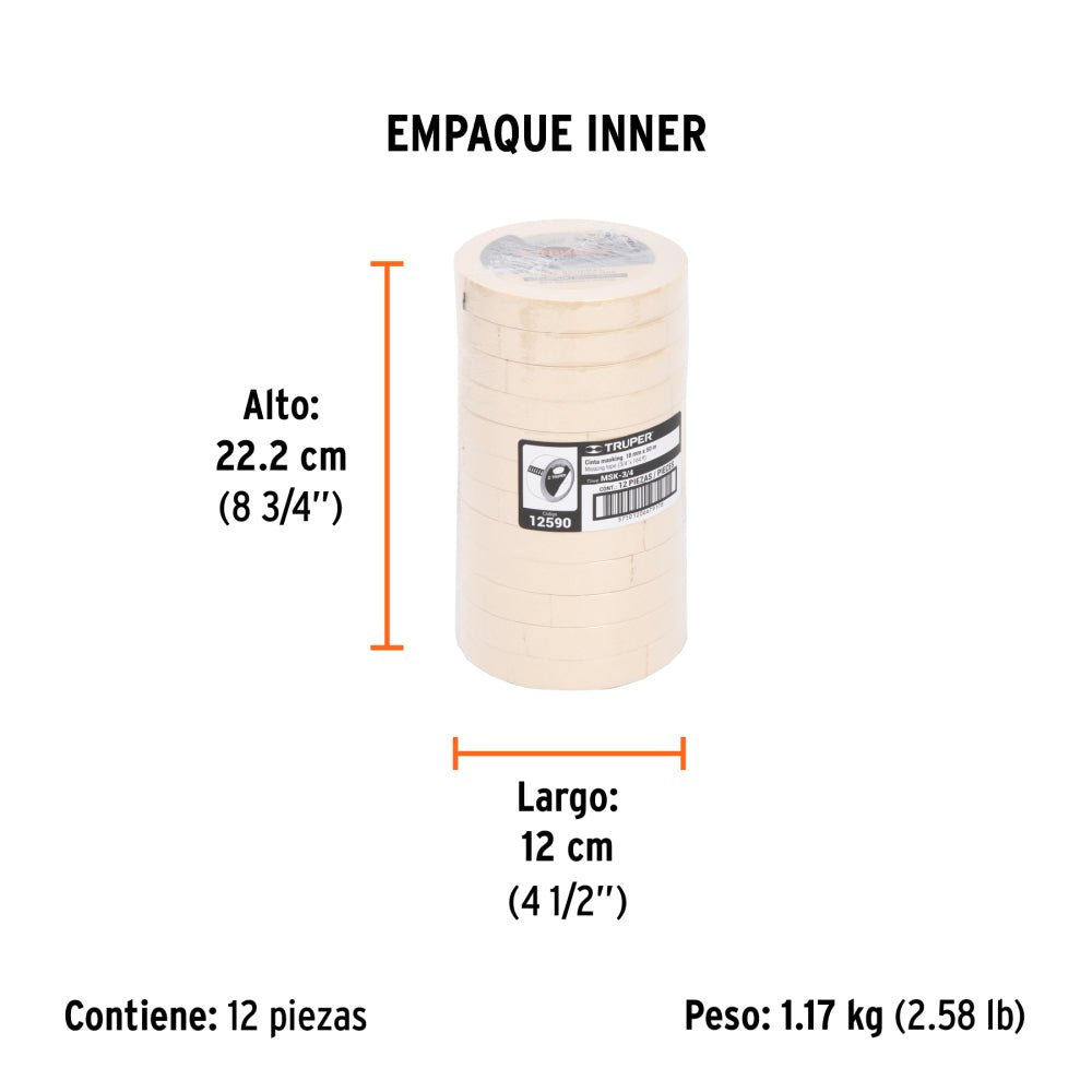 Cinta masking tape de 3/4" x 50 m, TRUPER (12 Piezas) - Grupo PRAME
