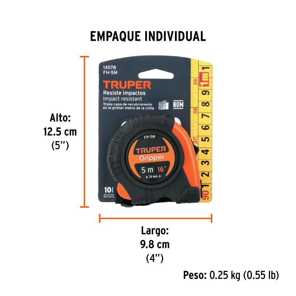 Flexómetro Gripper contra impactos 5 m cinta 19 mm, TRUPER - Grupo PRAME