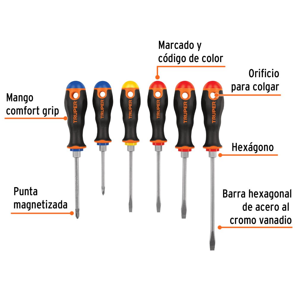 Juego de 6 desarmadores mango Comfort Grip, TRUPER - Grupo PRAME