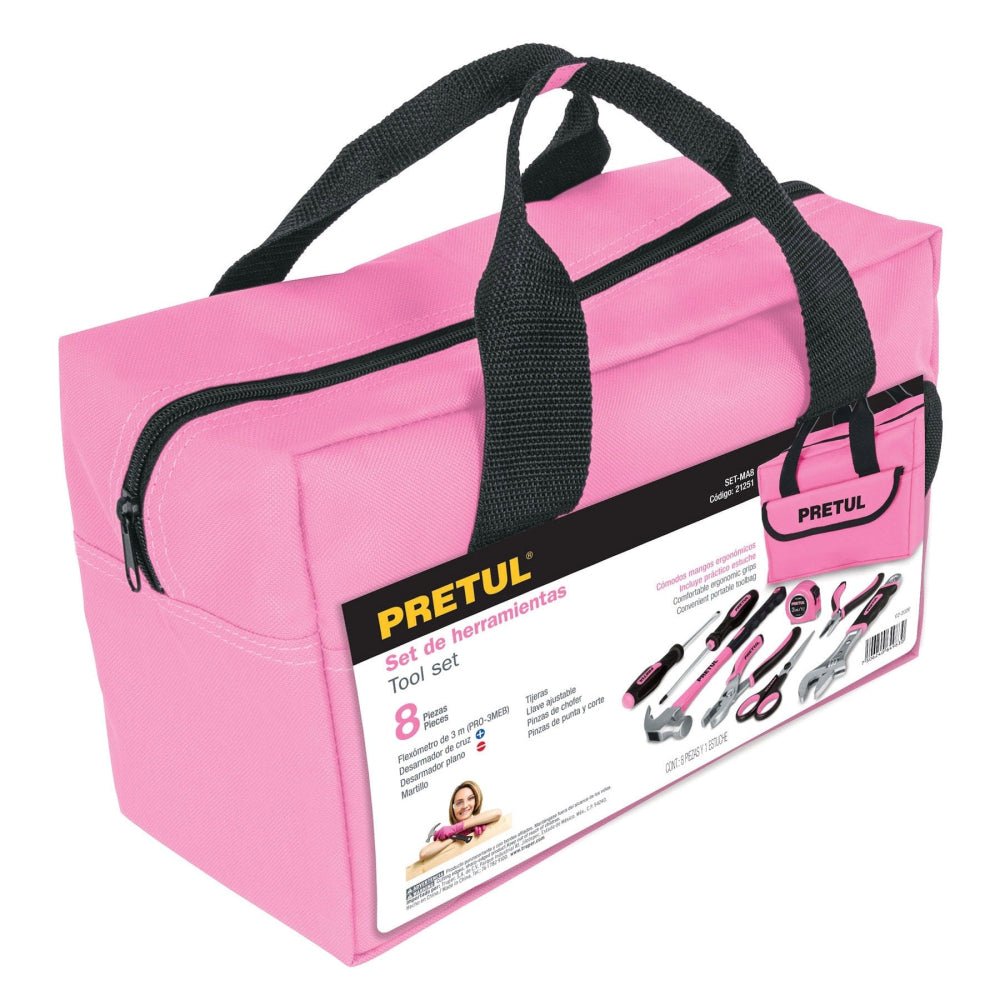 Juego de herramientas básicas, color rosa, 8 piezas, PRETUL - Grupo PRAME