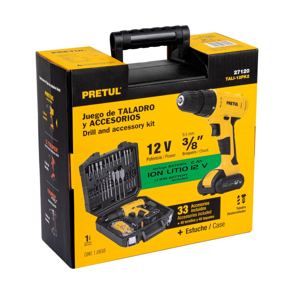 Kit taladro/destornillador 3/8", 12V, 33, PRETUL - Grupo PRAME