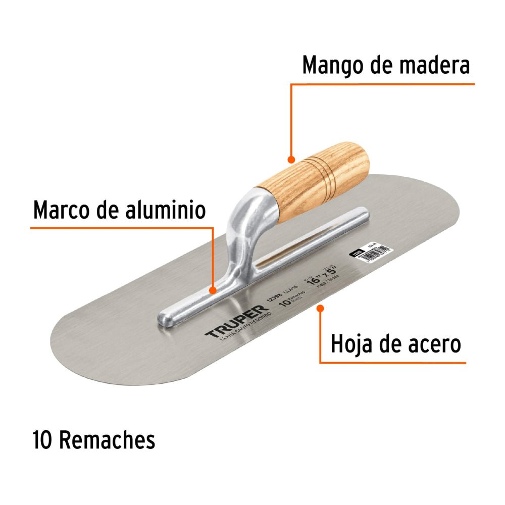 Llana 16" canto redondo, 10 remaches, mango madera, TRUPER - Grupo PRAME