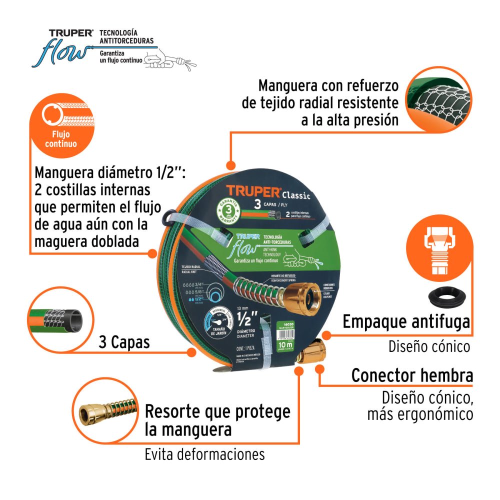 Manguera 1/2" reforzada 3 capas 10 m conexiones de metal - Grupo PRAME