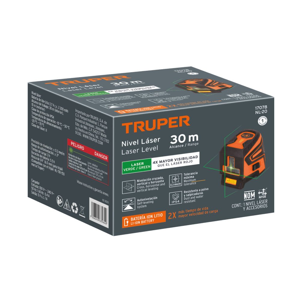 Nivel láser verde, alcance 30 m, recargable, TRUPER - Grupo PRAME