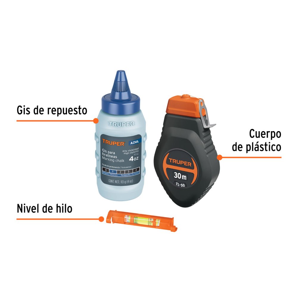 Tiralíneas plástico con gis y nivel 30 m (100 ft), TRUPER - Grupo PRAME