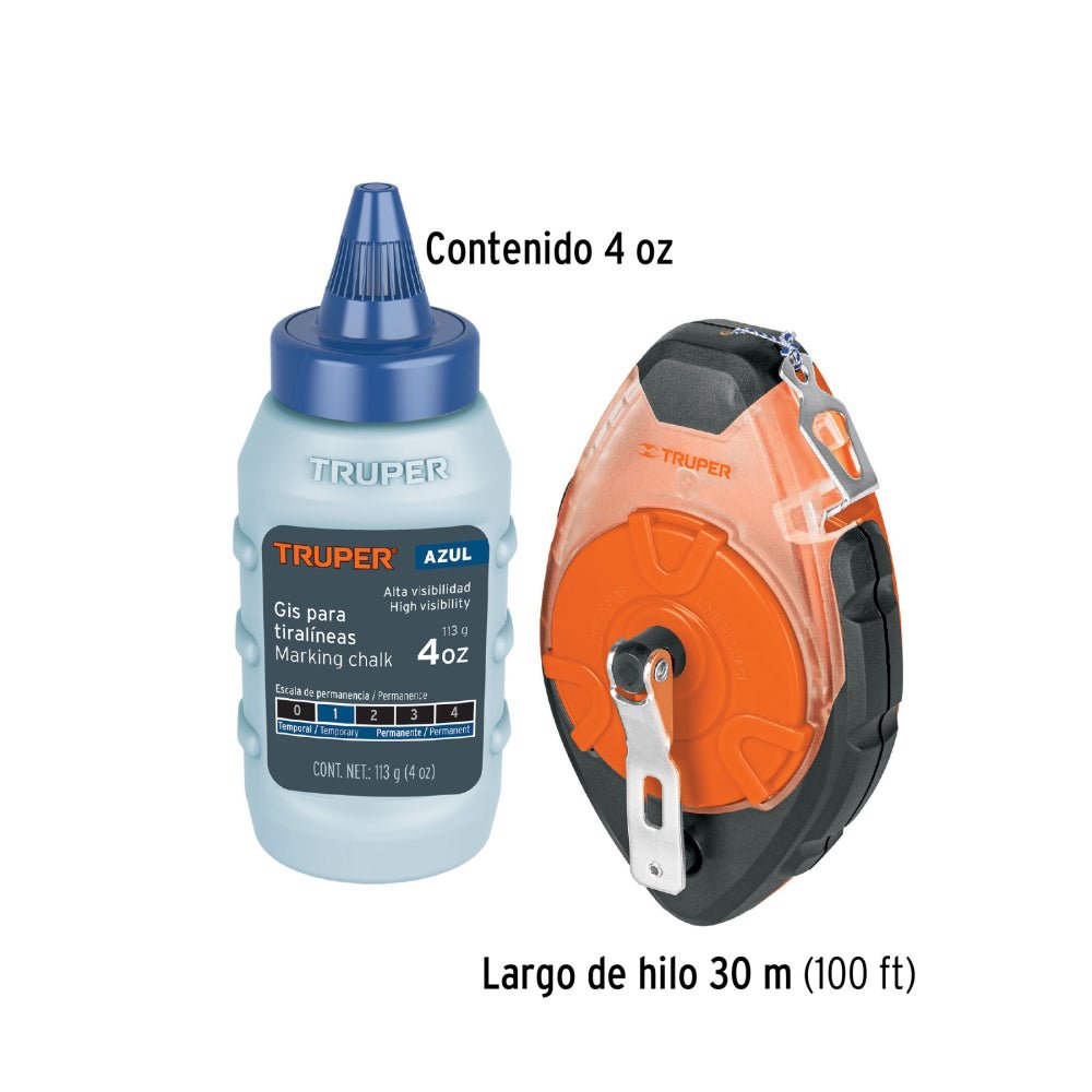 Tiralíneas profesional plástico con gis, 30m(100 ft), TRUPER - Grupo PRAME