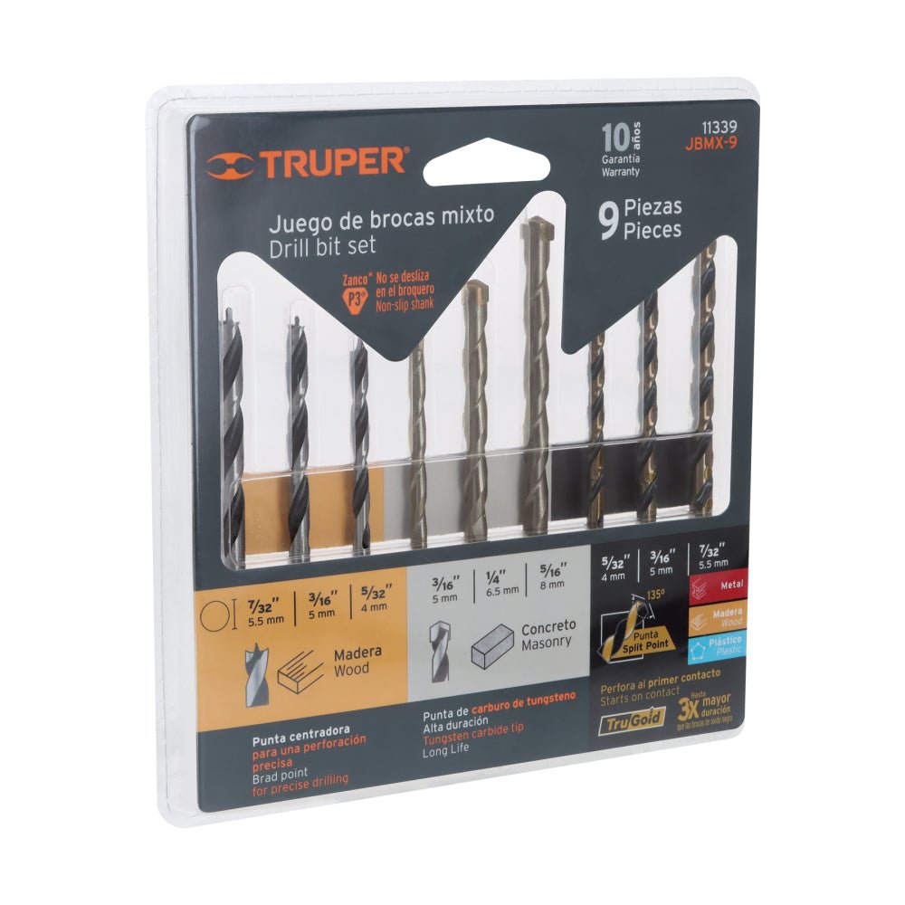 Juego de 9 brocas para metal, concreto y madera, TRUPER - Grupo PRAME
