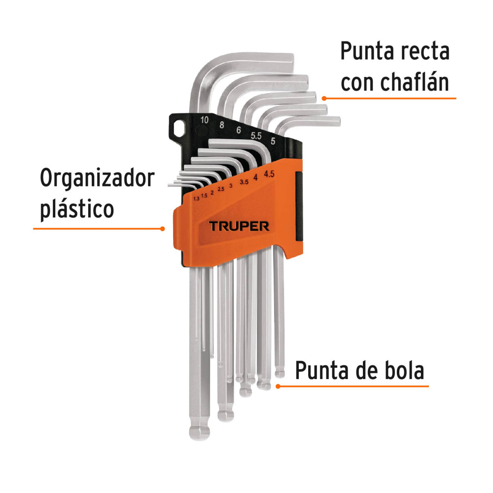 Juego de 13 Llaves Hexagonales MM Largas con Punta de Bola, TRUPER