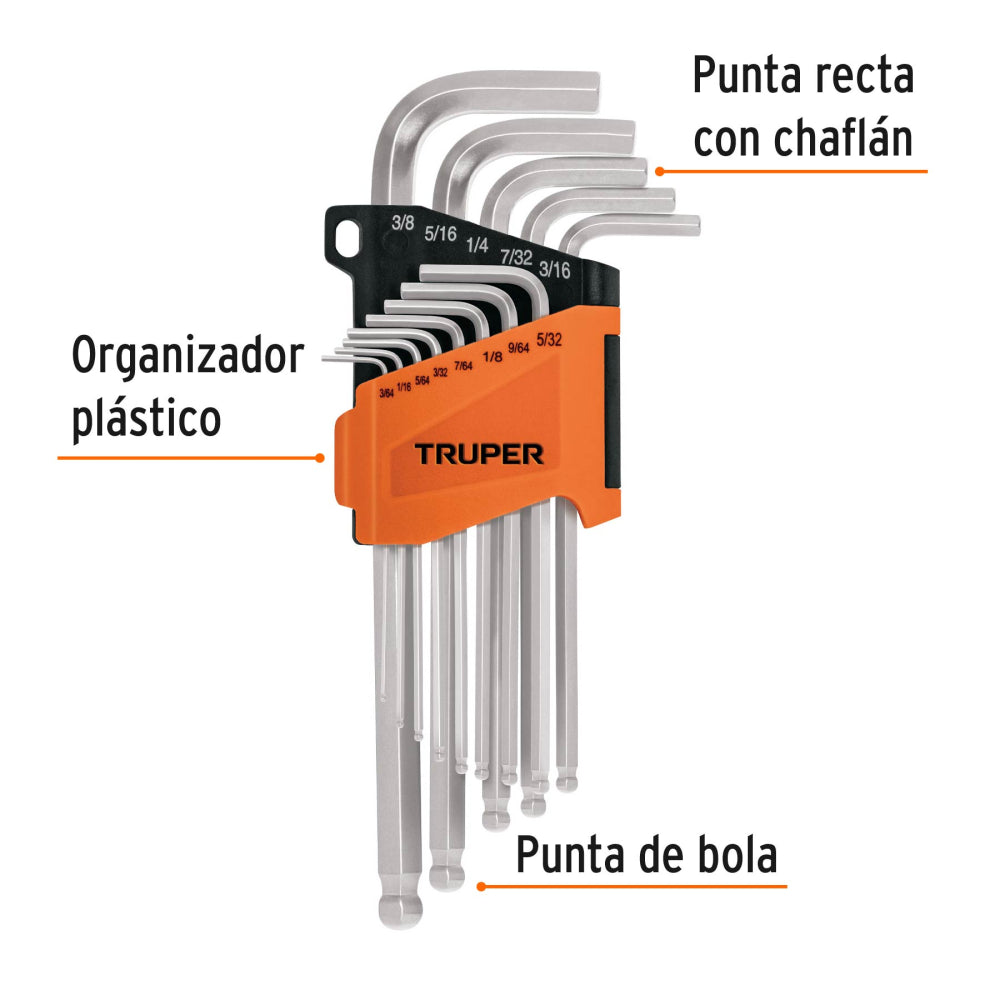 Juego de 13 llaves hexagonales std largas, punta de bola