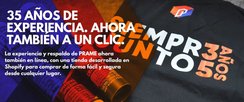 Banner 35 años de experiencia. Imagen con los colores y logo de Grupo PRAME, en alusión a su 35 aniversario.