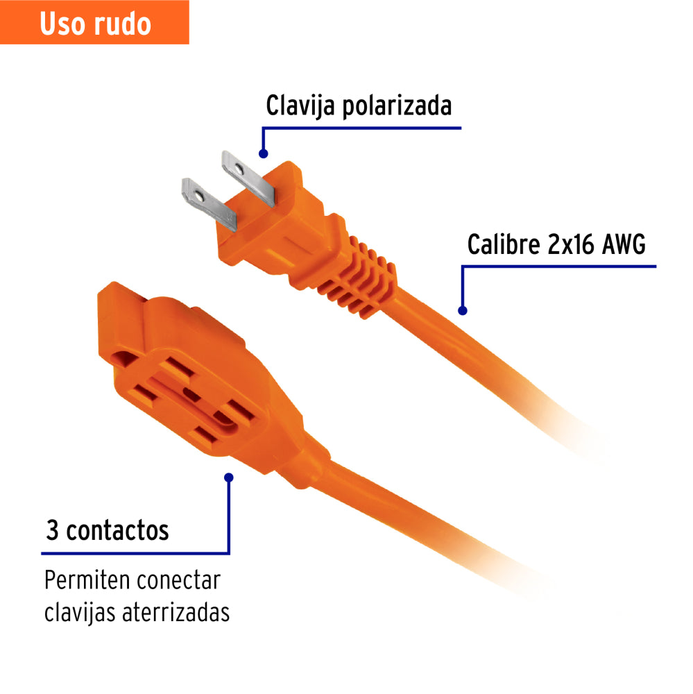 Extensión eléctrica de uso rudo 6 m 2x16 AWG, VOLTECK