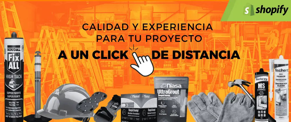 Banner de color naranja con de distintos tipos de producto en color blanco y negro para anunciar la calidad y experiencia