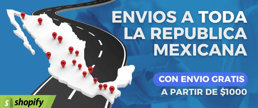 Banner de color azul que muestra un mapa de México con puntos de referencia a ciudades importantes para hacer envíos nacionales