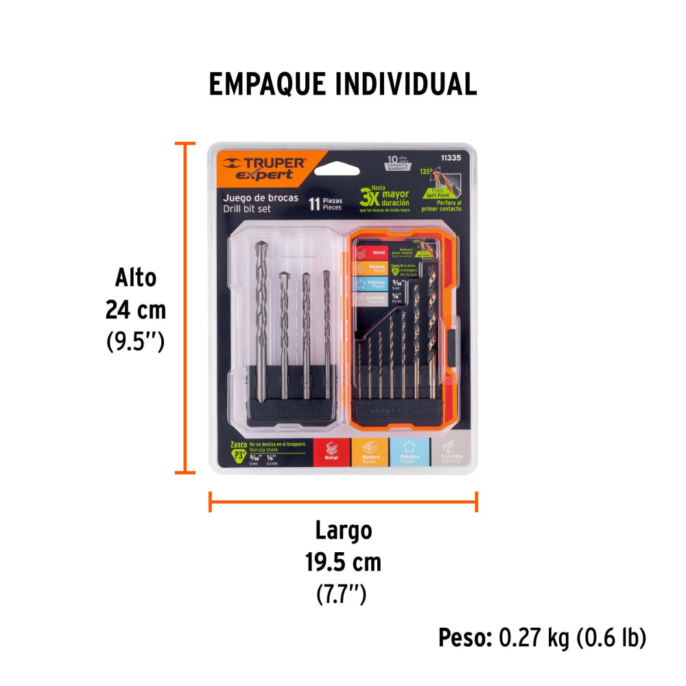 Juego de 11 brocas para metal y concreto en estuche, TRUPER