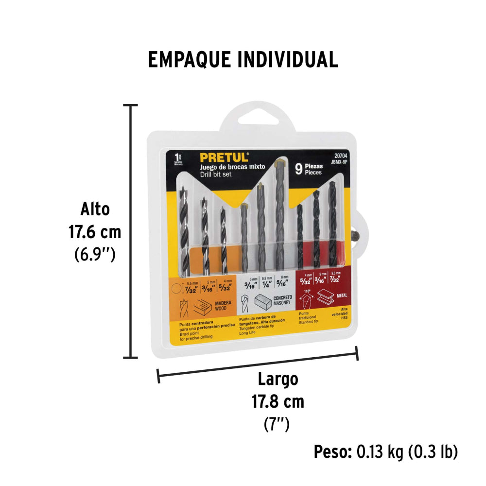 Juego de 9 brocas para metal, concreto y madera, PRETUL