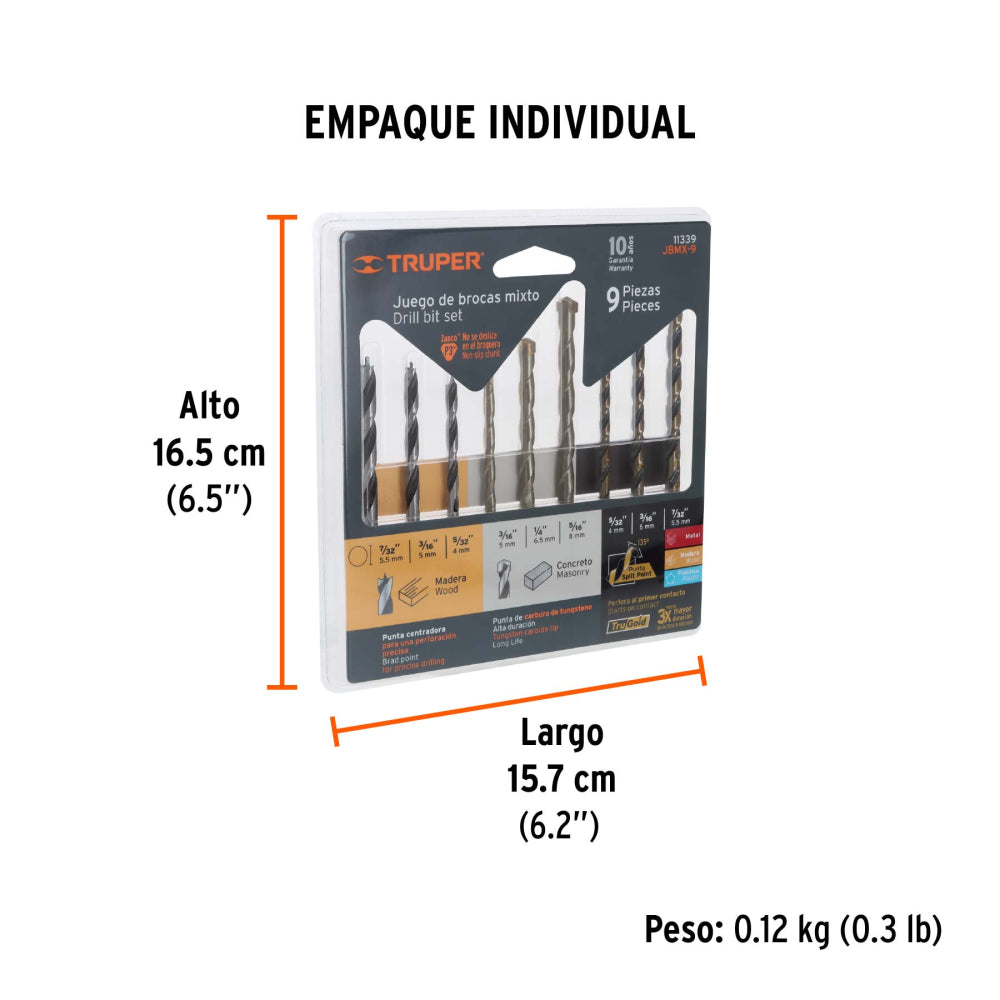 Juego de 9 brocas para metal, concreto y madera, TRUPER