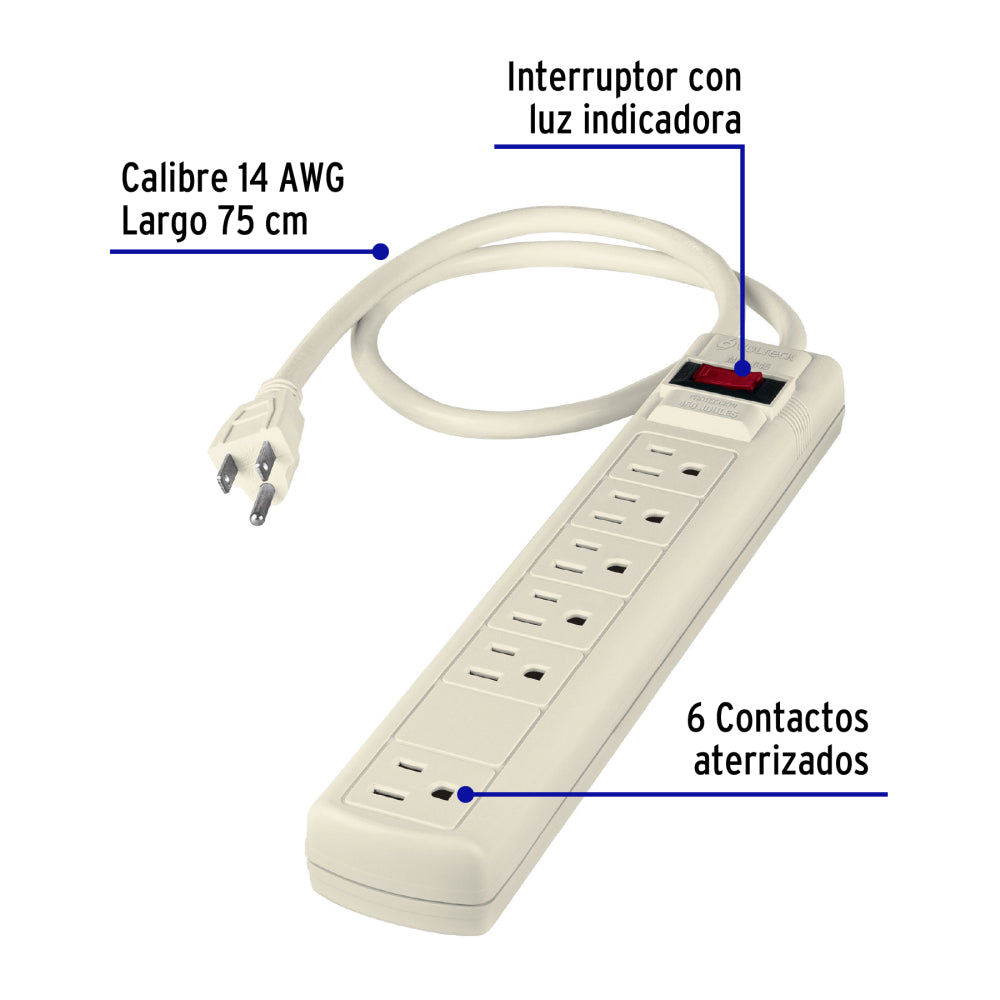 Multicontacto 14 AWG 6 entradas supresor de picos 450 joules