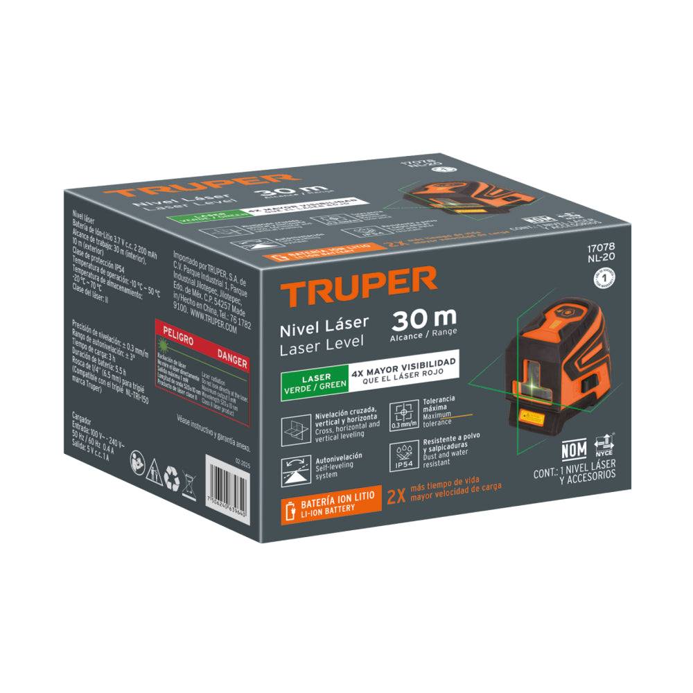 Nivel láser verde, alcance 30 m, recargable, TRUPER