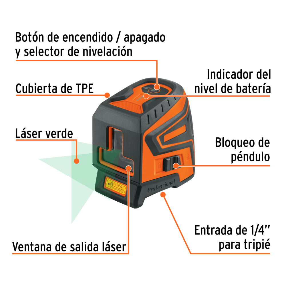 Nivel láser verde, alcance 30 m, recargable, TRUPER