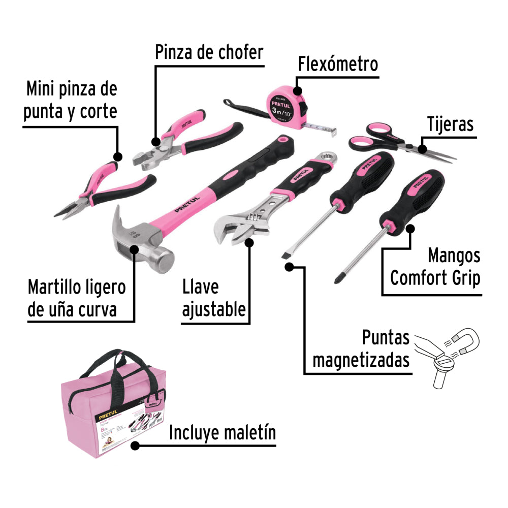 Juego de herramientas básicas, color rosa, 8 piezas, PRETUL