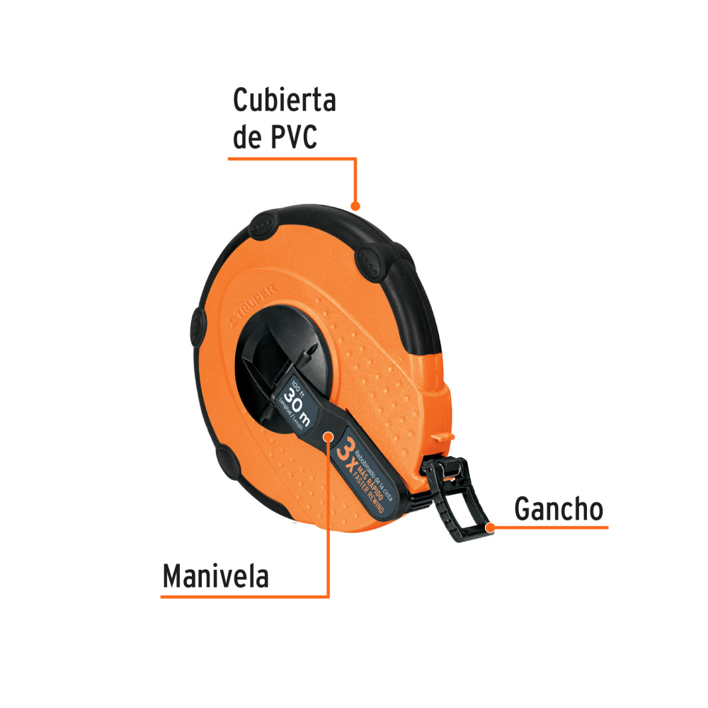 Cinta métrica larga 30m fibra de vidrio, carcasa plástica