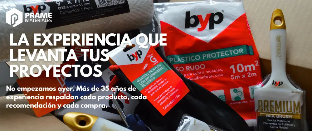 Banner experiencia que levanta proyectos. Productos marca BYP como brochas, rodillos y guantes son alusivos en la imagen.