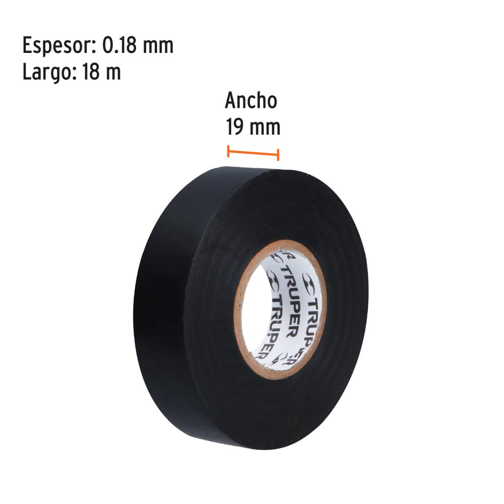 Cinta de aislar de 18 m x 19 mm, negra, TRUPER (8 piezas) - Grupo PRAME