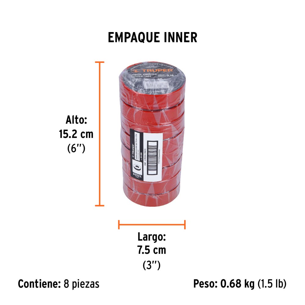 Cinta de aislar de 18 m x 19 mm, roja, TRUPER (8 piezas) - Grupo PRAME