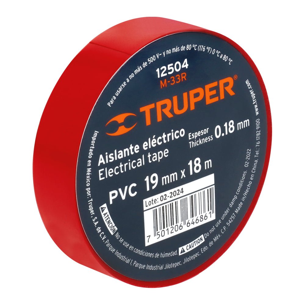Cinta de aislar de 18 m x 19 mm, roja, TRUPER (8 piezas) - Grupo PRAME
