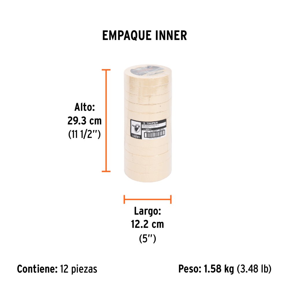 Cinta masking tape de 1" x 50 m, TRUPER (12 piezas) - Grupo PRAME