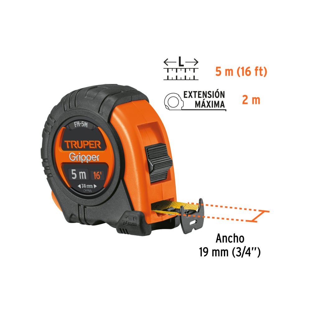 Flexómetro Gripper contra impactos 5 m cinta 19 mm, TRUPER - Grupo PRAME