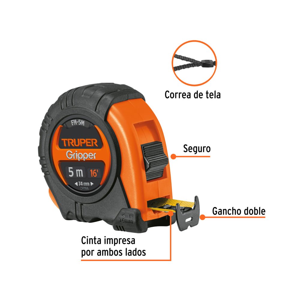 Flexómetro Gripper contra impactos 5 m cinta 19 mm, TRUPER - Grupo PRAME
