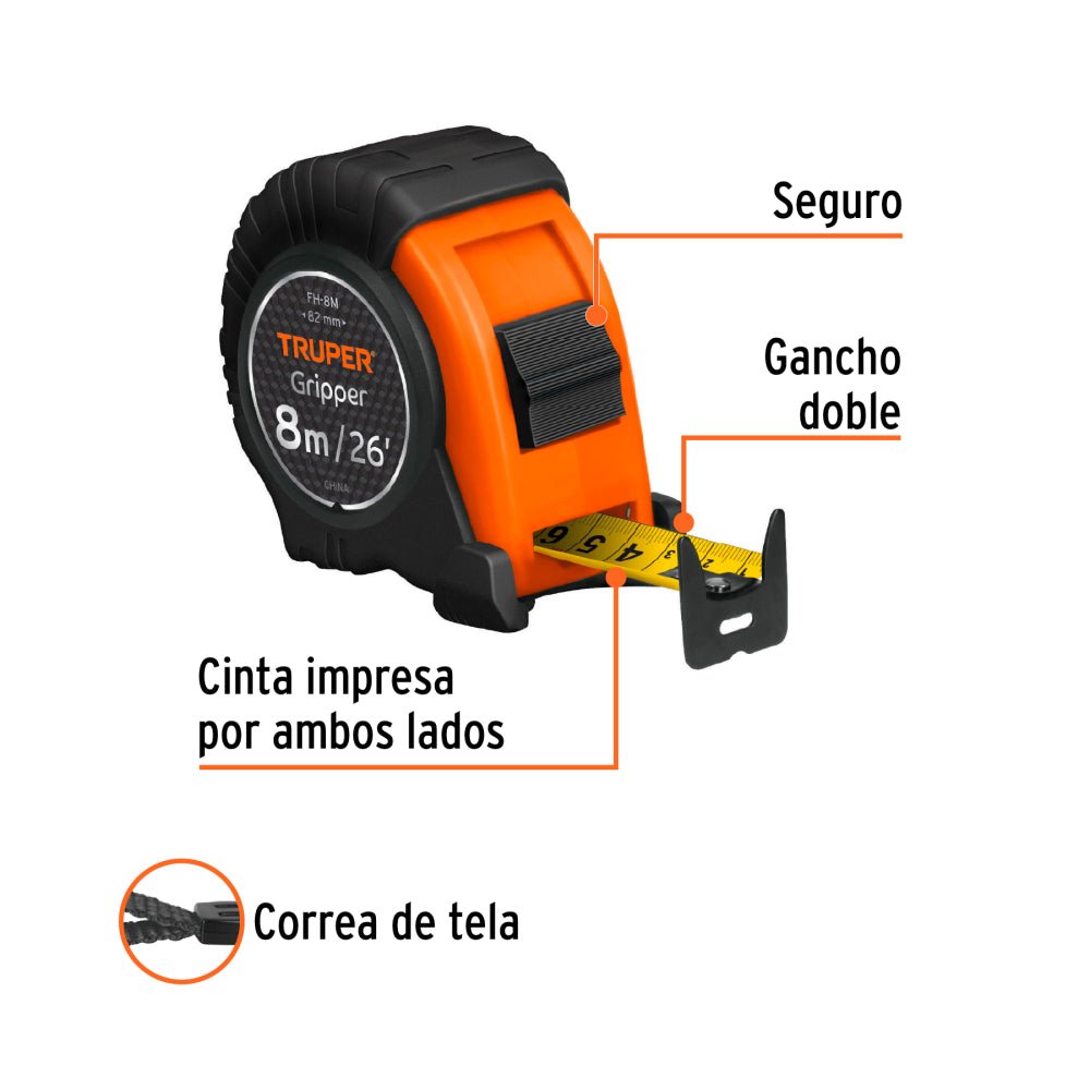 Flexómetro Gripper contra impactos 8 m cinta 25 mm, TRUPER - Grupo PRAME