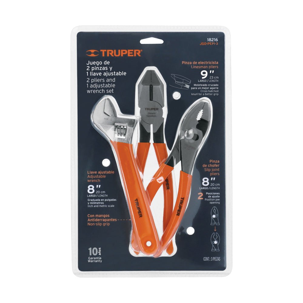 Juego con 2 pinzas y 1 llave ajustable mango de PVC, TRUPER - Grupo PRAME