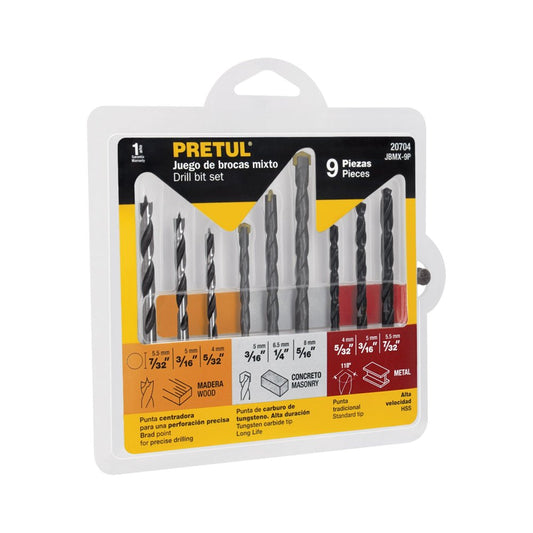 Juego de 9 brocas para metal, concreto y madera, PRETUL - Grupo PRAME