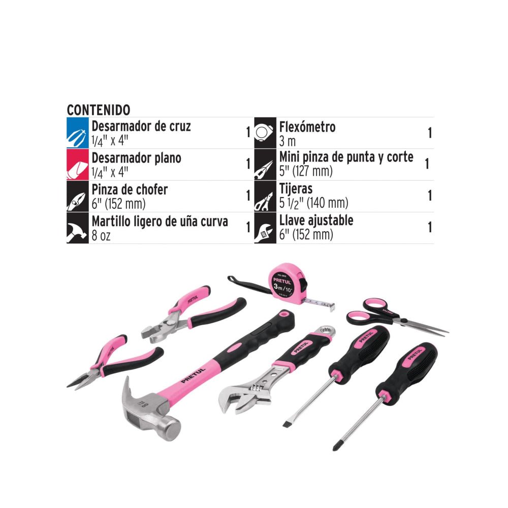 Juego de herramientas básicas, color rosa, 8 piezas, PRETUL - Grupo PRAME