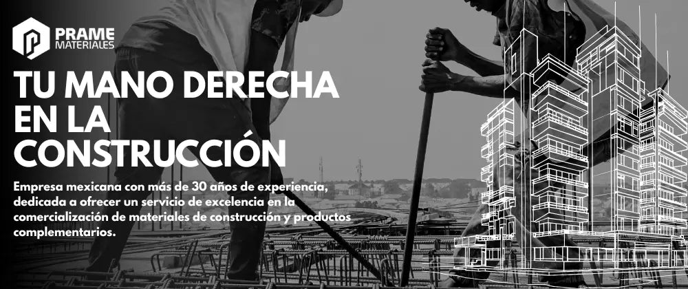 Banner Grupo PRAME Tu Mano Derecha en la Construcción. Dos trabajadores de la construcción trabajando. La imagen está en una escala de grises.